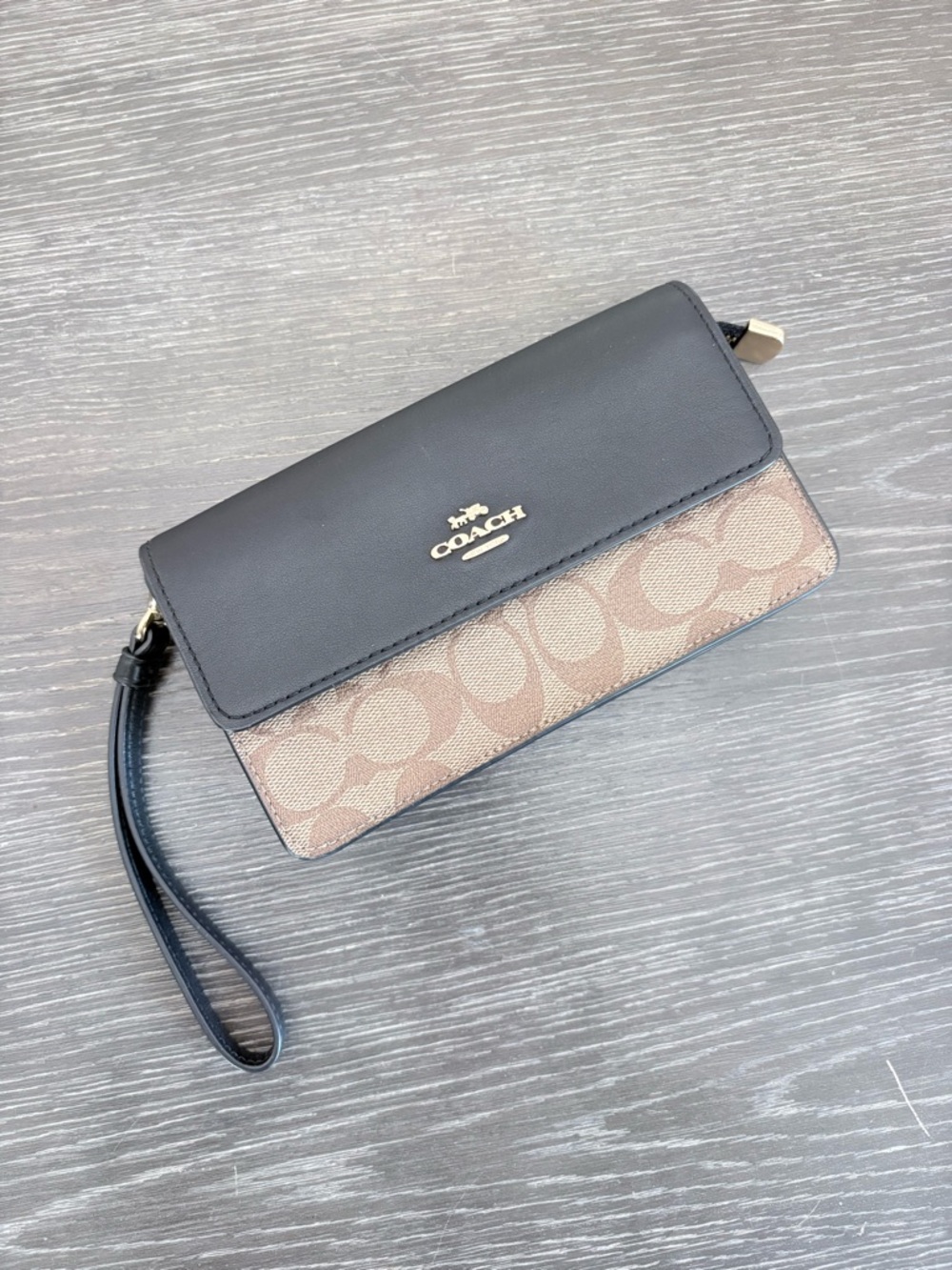 Coach Black Leather and Tan Signature Canvas Wristlet